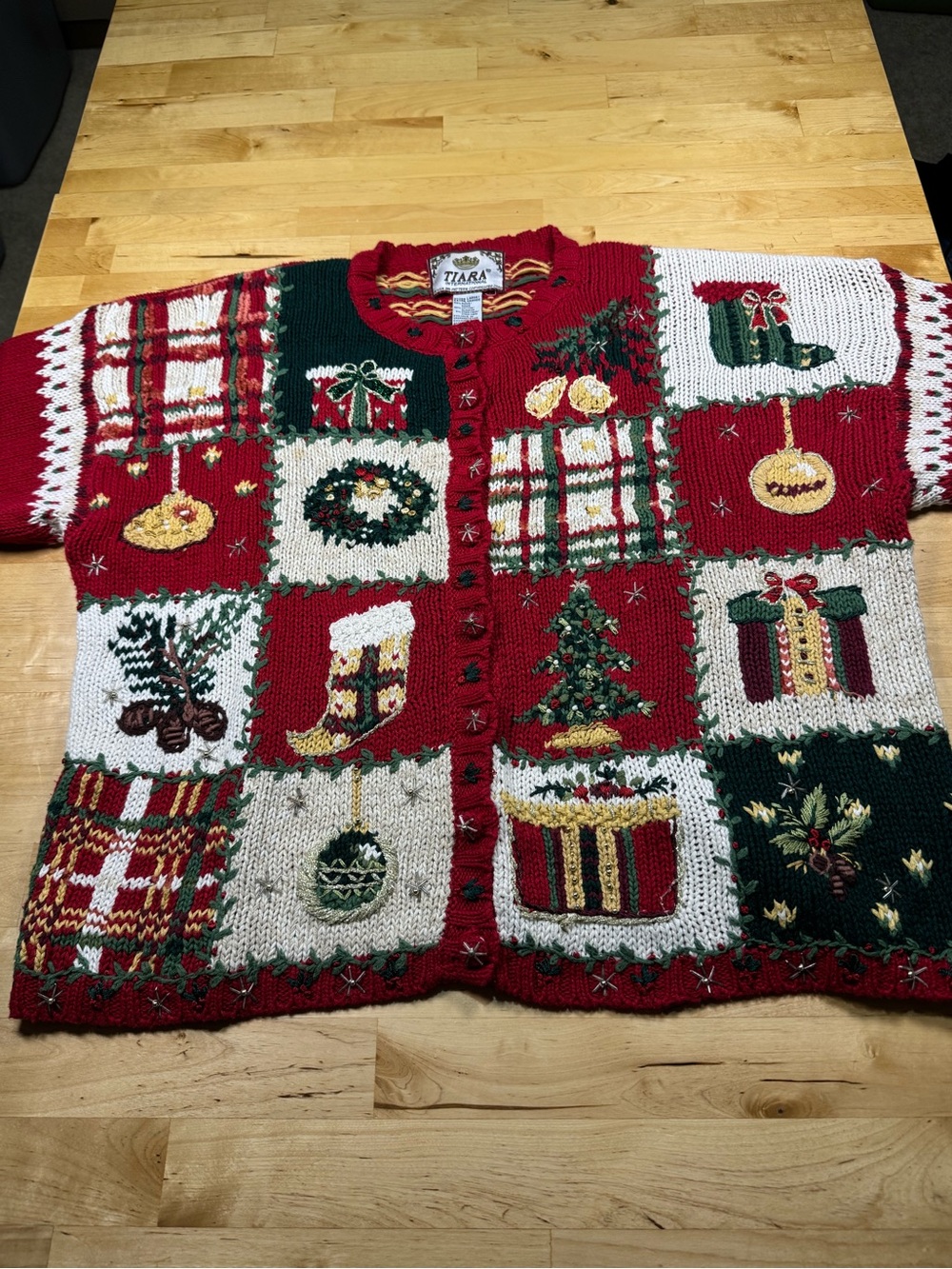 Tiara Red, Green & White Patchwork Holiday Knit Cardigan with Many Details